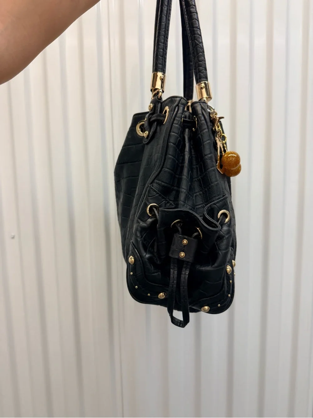 Michael Kors Black Croc-Embossed Drawstring Shoulder Bag with Gold Hardware